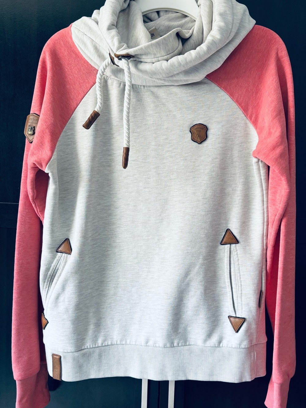 Naketano Light Gray and Pink Raglan Cowl Hoodie